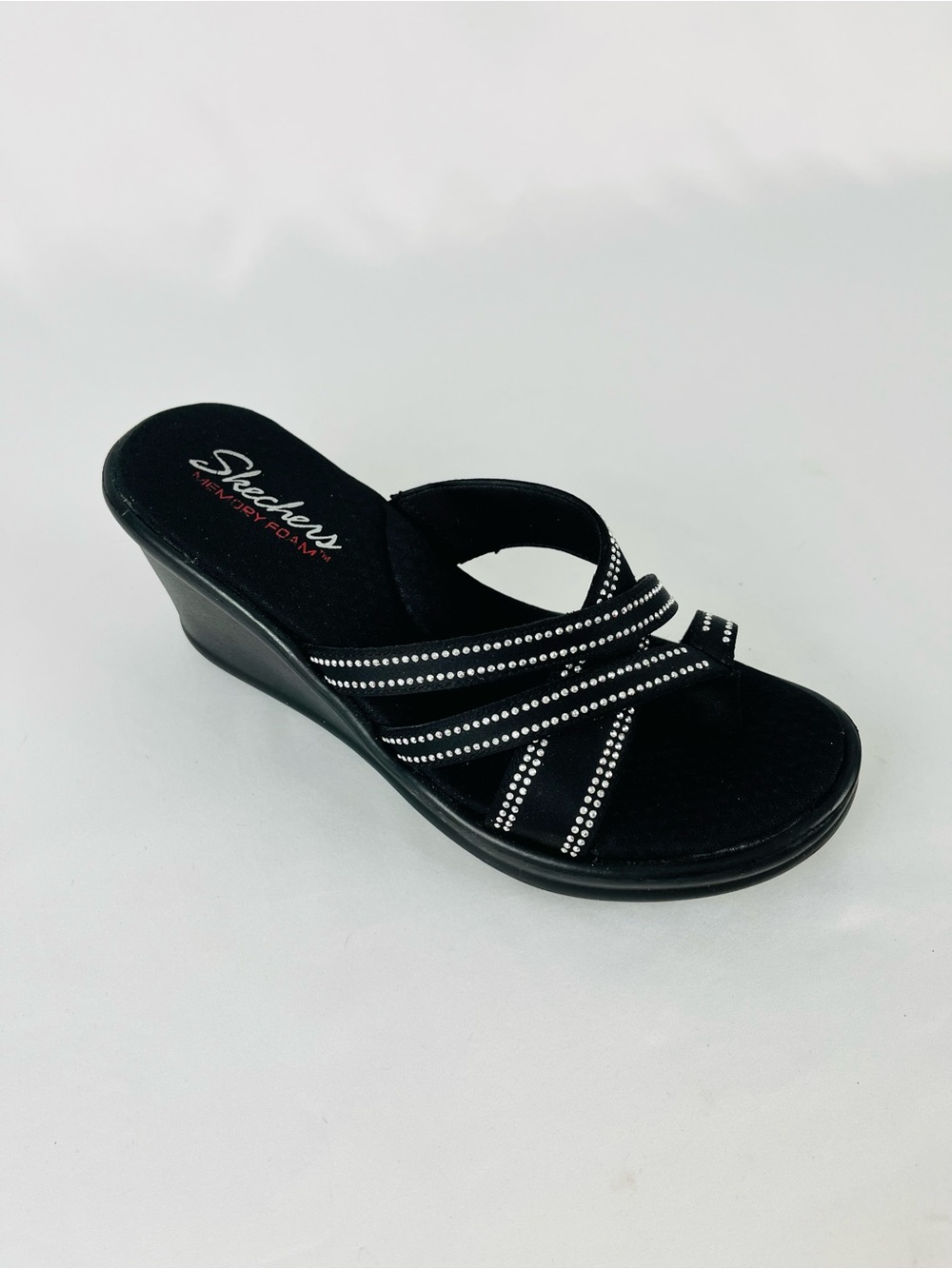 Skechers Rumblers - Sci-Fi Memory Foam Wedge Sandals Black Silver Studs Size 8